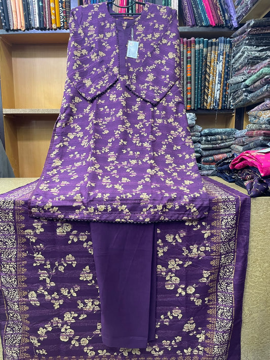 Bin Saeed Printed Wool Marina 3-Piece Suit – Deep Violet Floral Shirt, Plain Trouser & Floral Border Dupatta