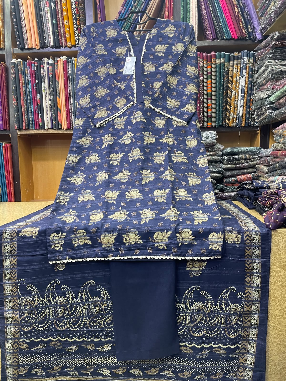 Bin Saeed Printed Wool Marina 3-Piece Suit – Navy Blue Gold Motif Shirt, Plain Trouser & Paisley Dupatta