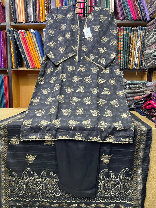 Bin Saeed Printed Wool Marina 3-Piece Suit – Black Gold Motif Shirt, Plain Trouser & Paisley Dupatta