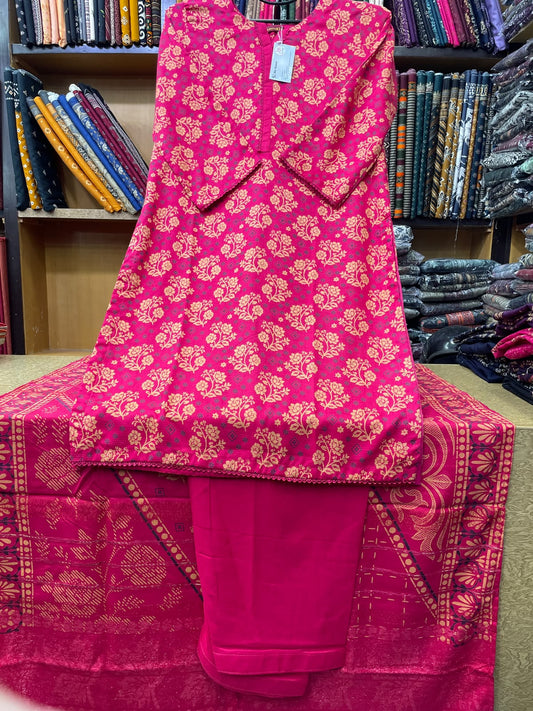 Bin Saeed Printed Wool Marina 3-Piece Suit – Bright Pink Floral Shirt, Plain Trouser & Printed Dupatta