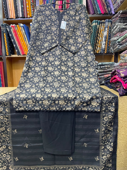 Bin Saeed Printed Wool Marina 3-Piece Suit – Charcoal Black Floral Shirt, Plain Trouser & Printed Dupatta