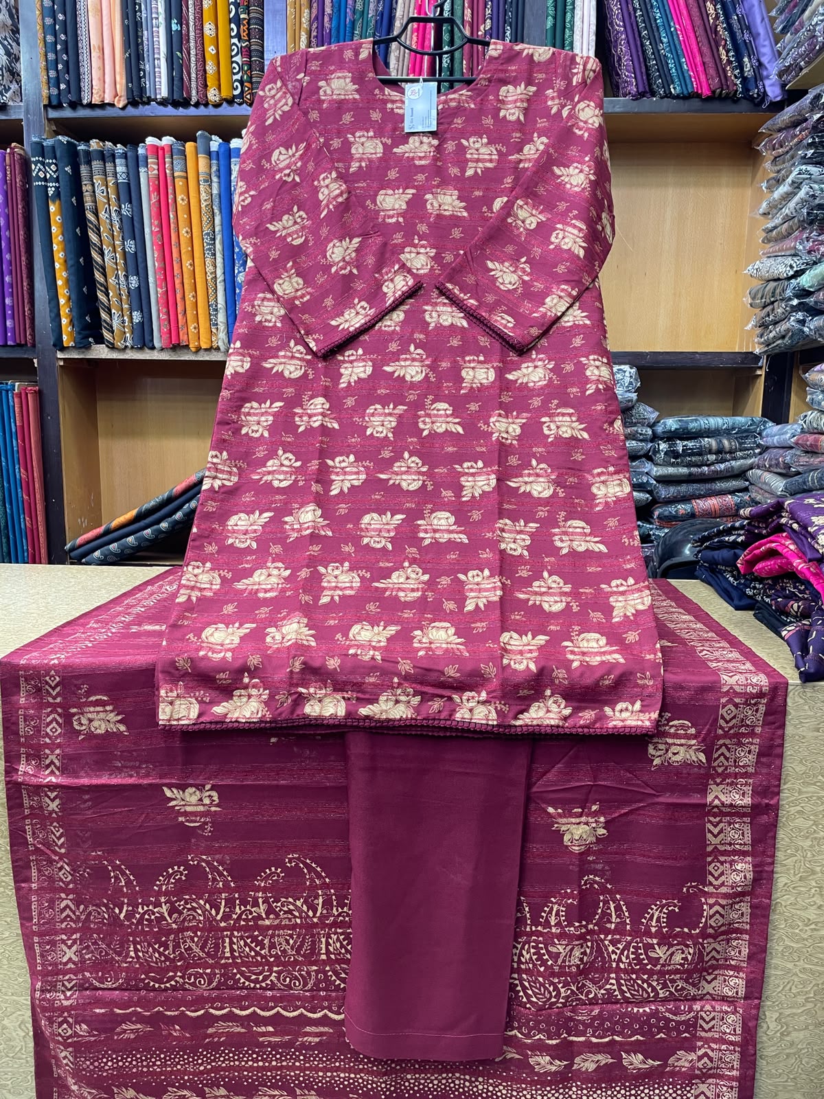 Bin Saeed Printed Wool Marina 3-Piece Suit – Maroon Gold Motif Shirt, Plain Trouser & Paisley Dupatta