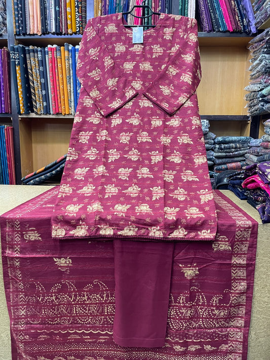 Bin Saeed Printed Wool Marina 3-Piece Suit – Maroon Gold Motif Shirt, Plain Trouser & Paisley Dupatta