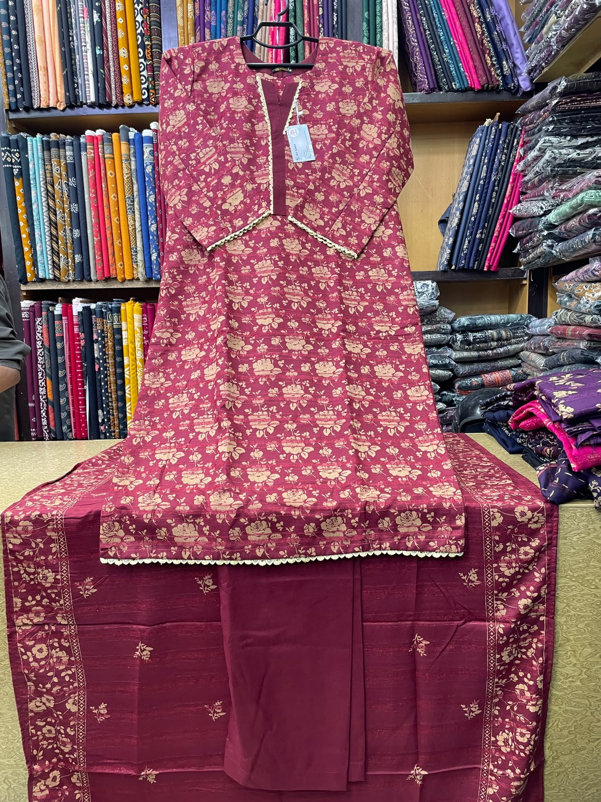 Bin Saeed Printed Wool Marina 3-Piece Suit – Rose Plum Gold Motif Shirt, Plain Trouser & Printed Dupatta