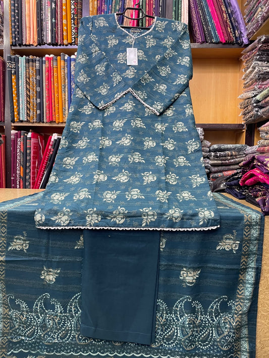 Bin Saeed Printed Wool Marina 3-Piece Suit – Teal Blue Gold Motif Shirt, Plain Trouser & Paisley Dupatta