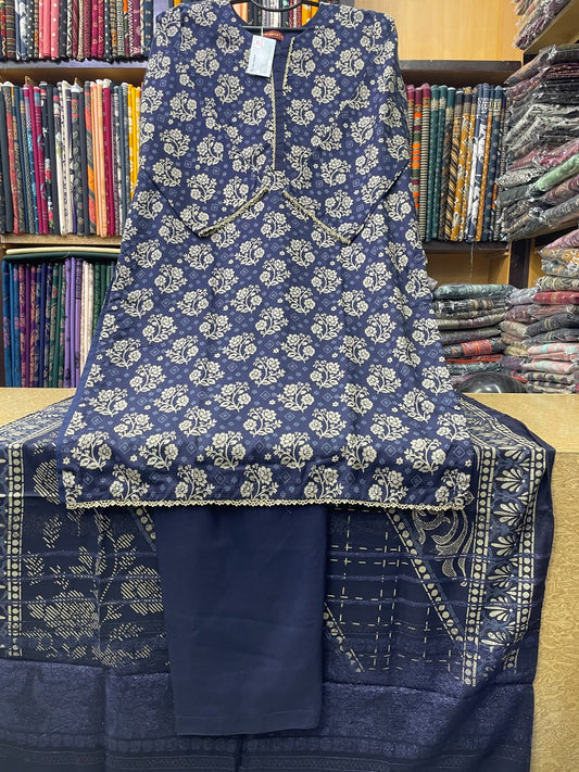 Bin Saeed Printed Wool Marina 3-Piece Suit – Navy Blue Gold Floral Shirt, Plain Trouser & Printed Dupatta