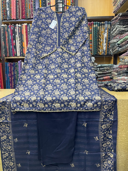 Bin Saeed Printed Wool Marina 3-Piece Suit – Royal Navy Floral Shirt, Plain Trouser & Printed Dupatta