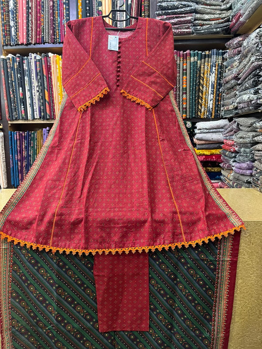 Bin Saeed Winter Khaddar 3-Piece Printed A-Line Frock Suit with Printed Shawl – Maroon & Orange
