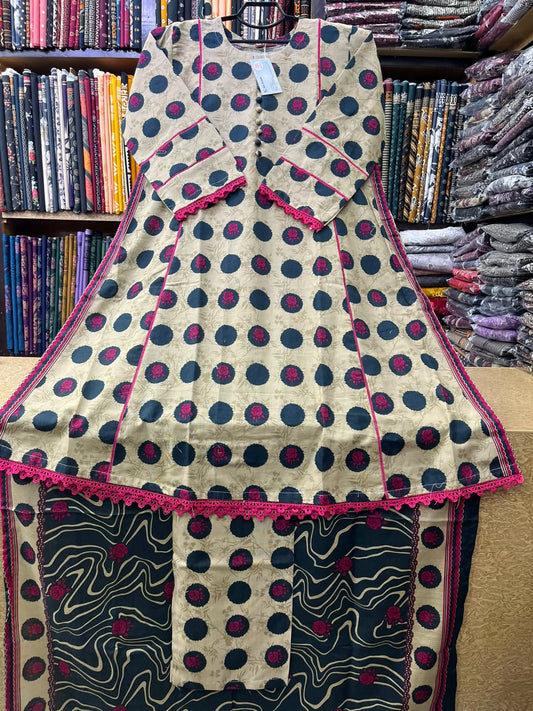 Bin Saeed Winter Khaddar 3-Piece Polka & Rose Printed A-Line Frock Suit with Printed Shawl – Beige & Magenta
