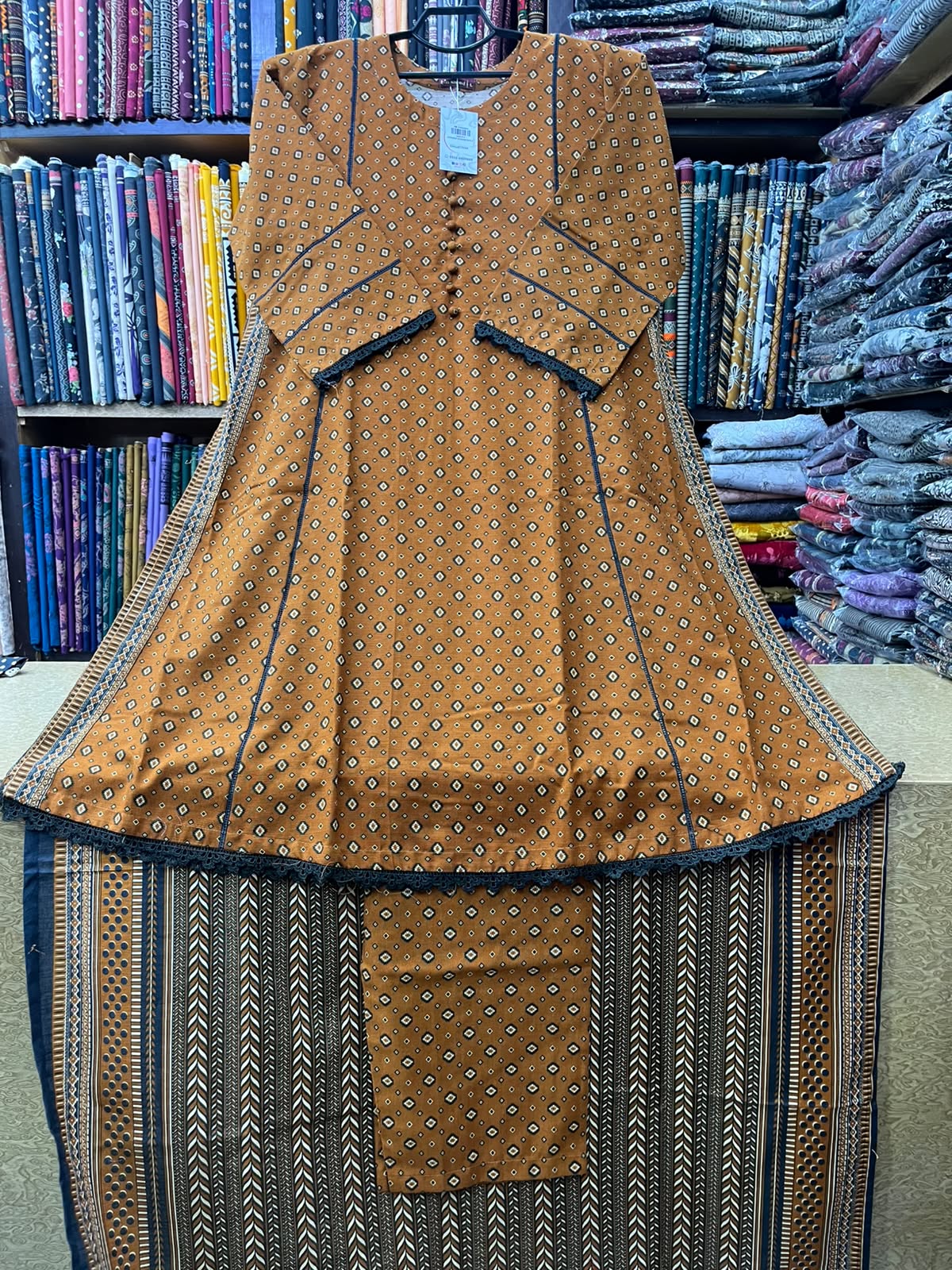 Bin Saeed Winter Khaddar 3-Piece Printed A-Line Frock Suit with Printed Shawl – Mustard Brown & Navy