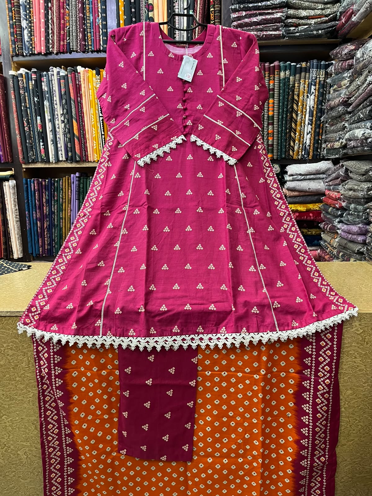Bin Saeed Winter Khaddar 3-Piece Printed A-Line Frock Suit with Chunri Printed Shawl – Magenta & Orange
