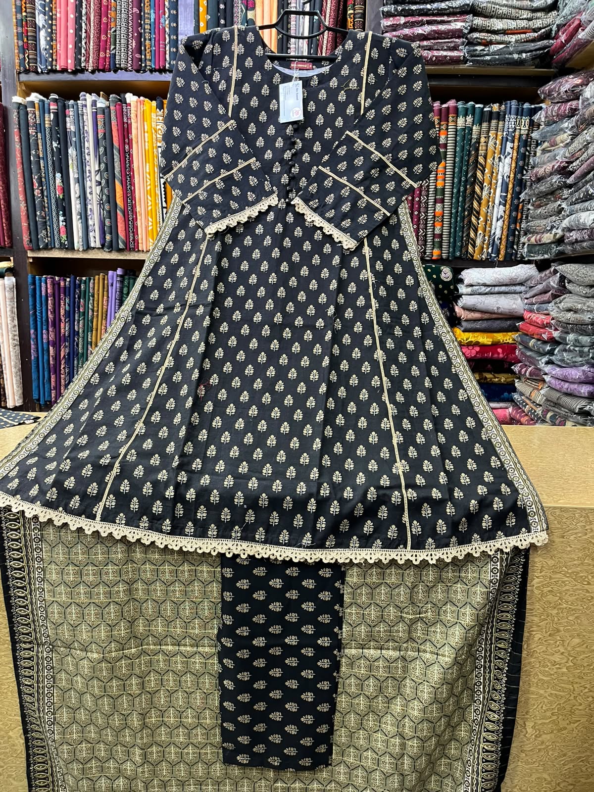 Bin Saeed Winter Khaddar 3-Piece Printed A-Line Frock Suit with Printed Shawl – Black & Gold