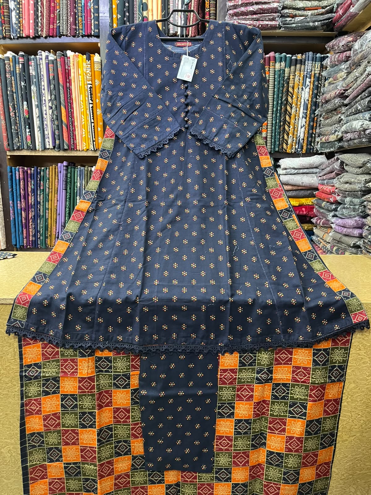 Bin Saeed Winter Khaddar 3-Piece Printed A-Line Frock Suit with Multicolor Shawl – Dark Navy