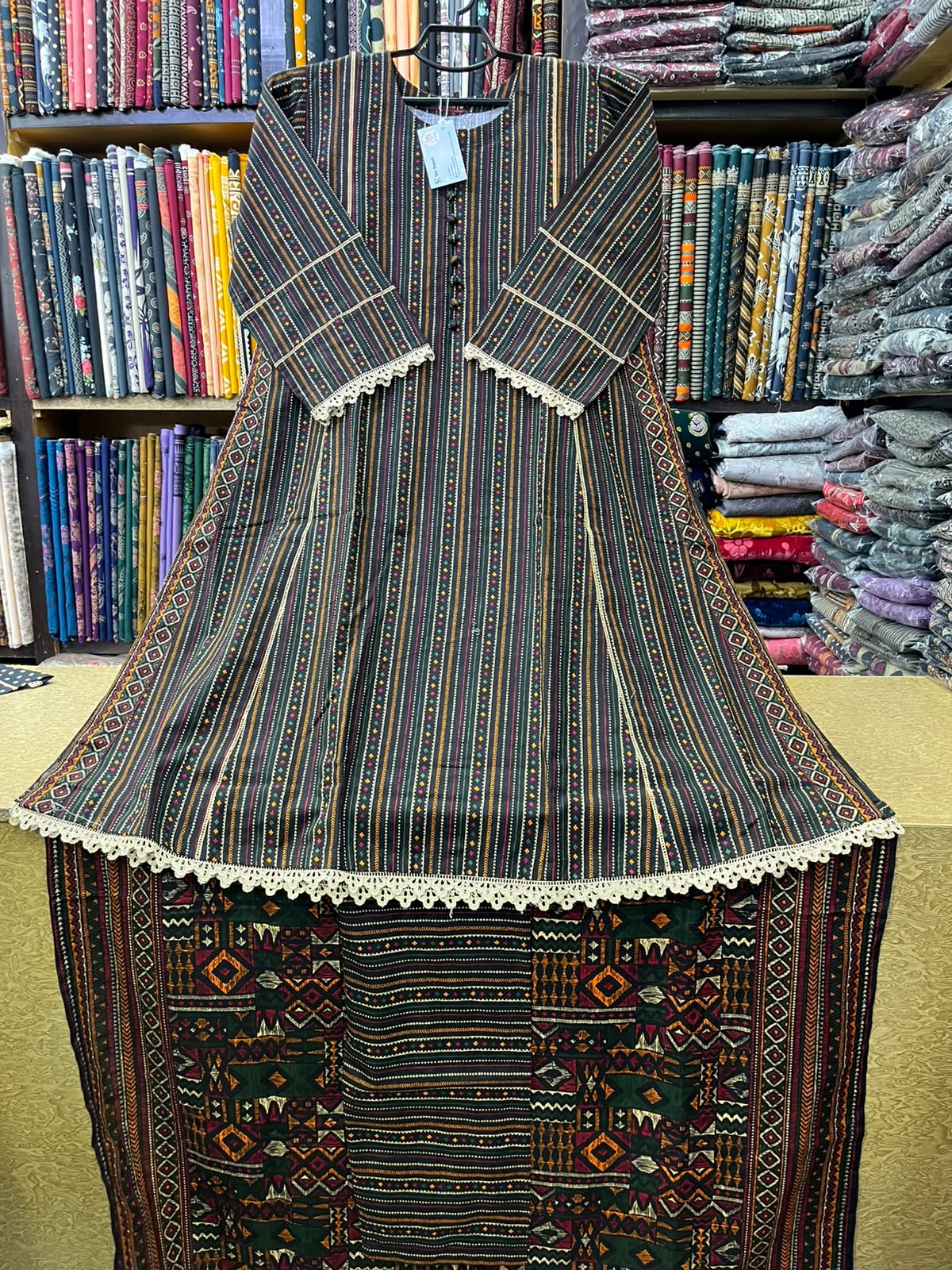 Bin Saeed Winter Khaddar 3-Piece Striped A-Line Frock Suit with Ethnic Printed Shawl – Black & Multi