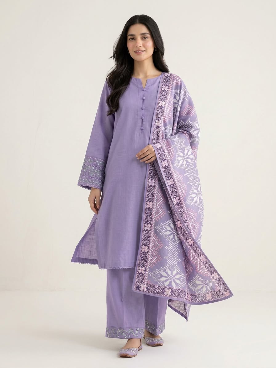 3-Piece Solid Lilac Khaddar Suit with Light Embroidery & Printed Wool Shawl