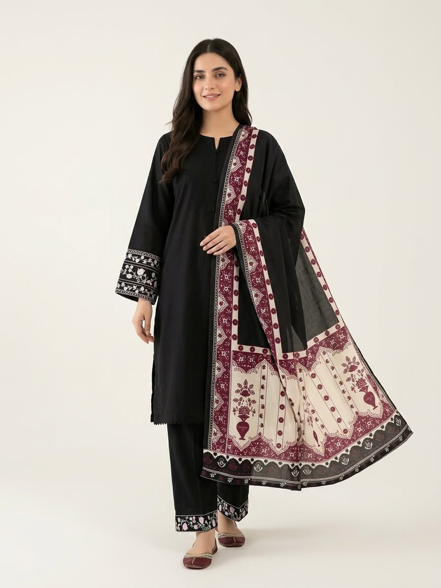 3-Piece Solid Black Khaddar Suit with Light Embroidery & Printed Wool Shawl