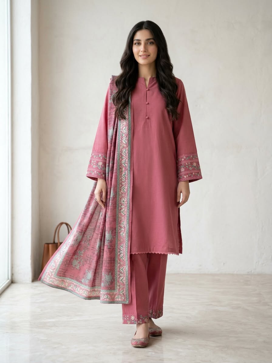 3-Piece Solid Dusty Rose Khaddar Suit with Light Embroidery & Printed Wool Shawl