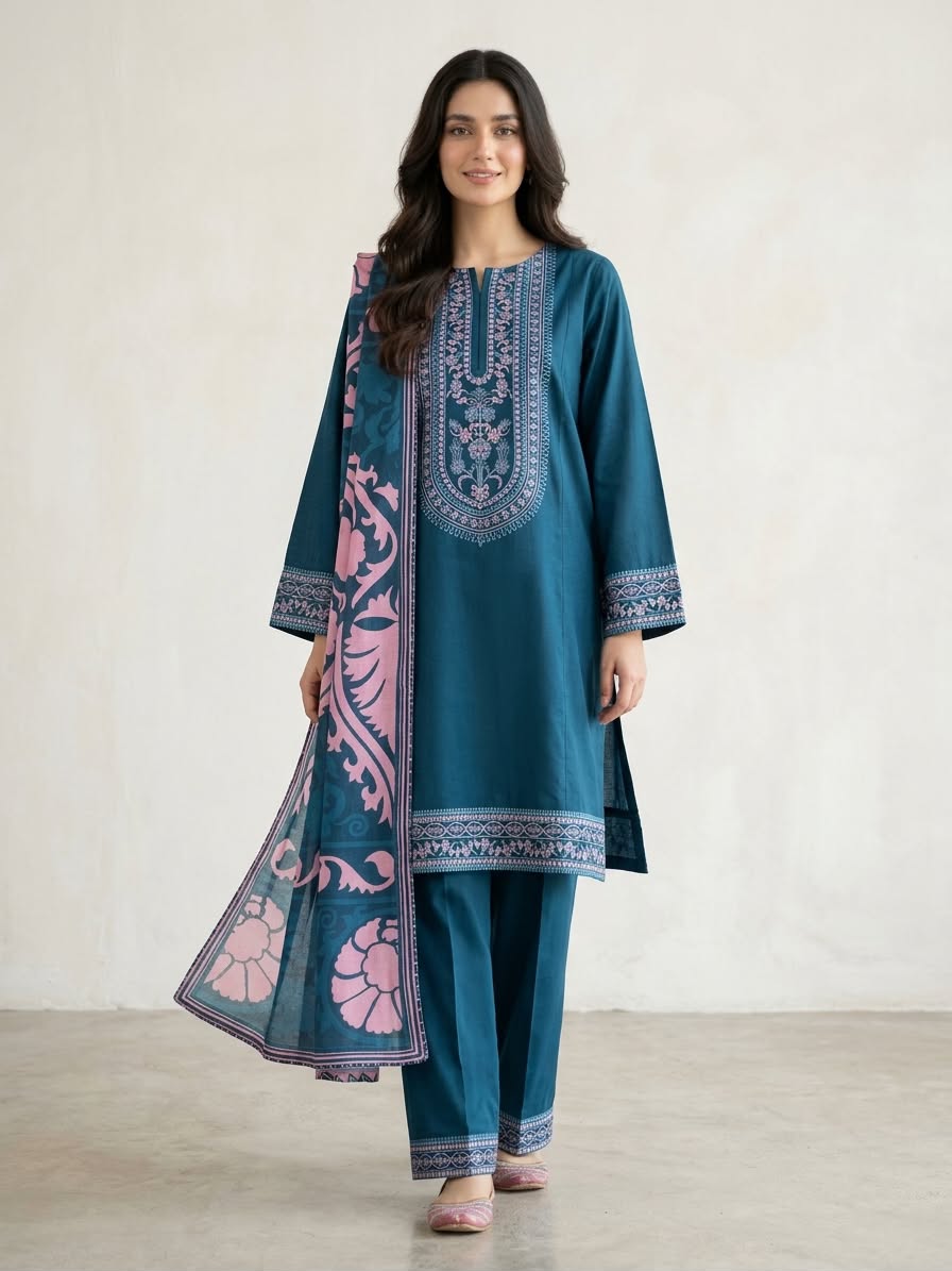 3-Piece Fully Embroidered Teal Khaddar Suit with Printed Wool Shawl