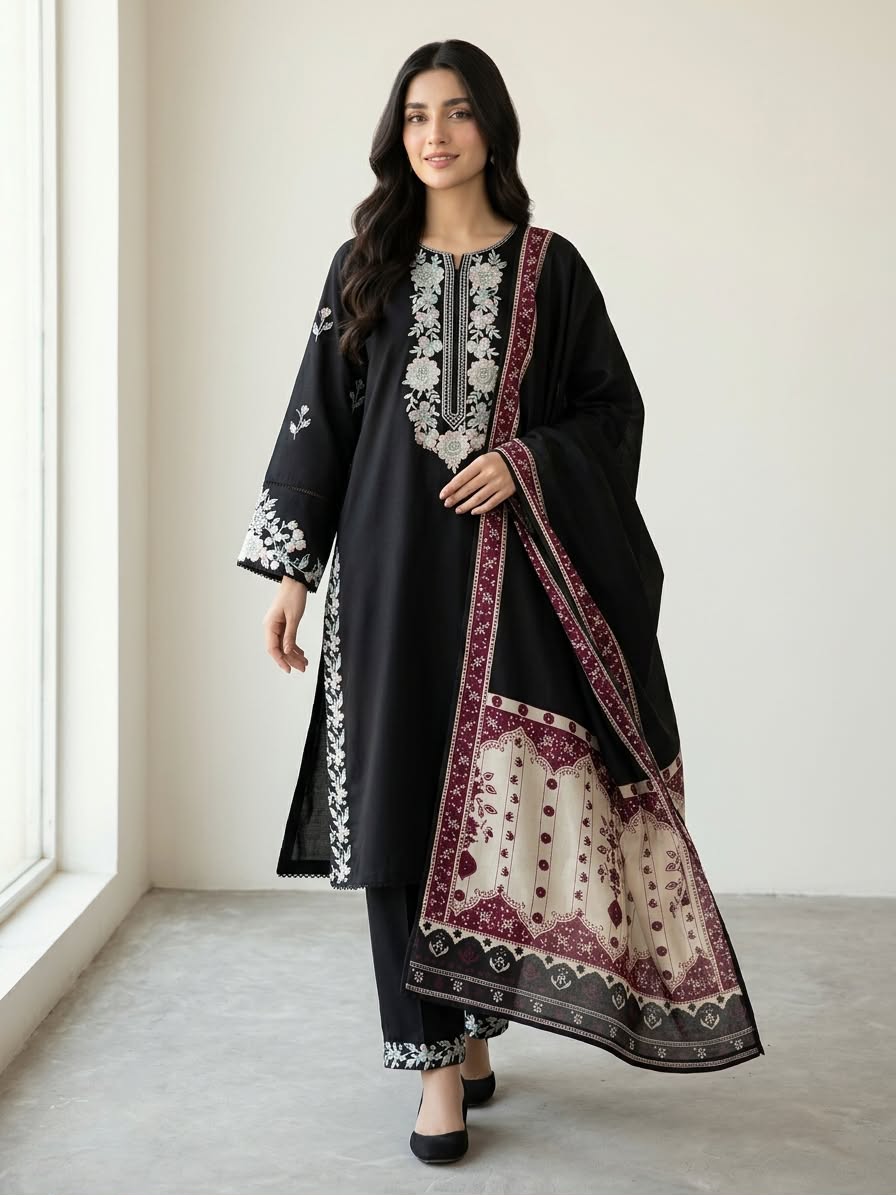 3-Piece Fully Embroidered Black Khaddar Suit with Printed Wool Shawl