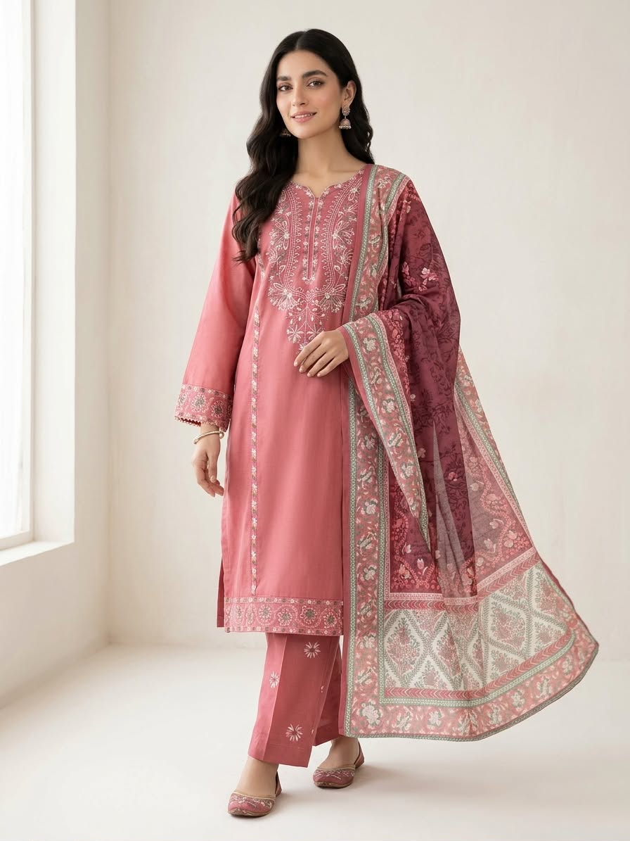 3-Piece Fully Embroidered Dusty Pink Khaddar Suit with Printed Wool Shawl