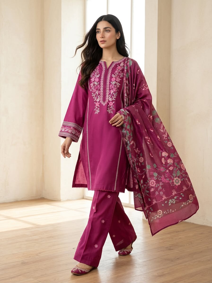 3-Piece Fully Embroidered Magenta Purple Khaddar Suit with Printed Wool Shawl