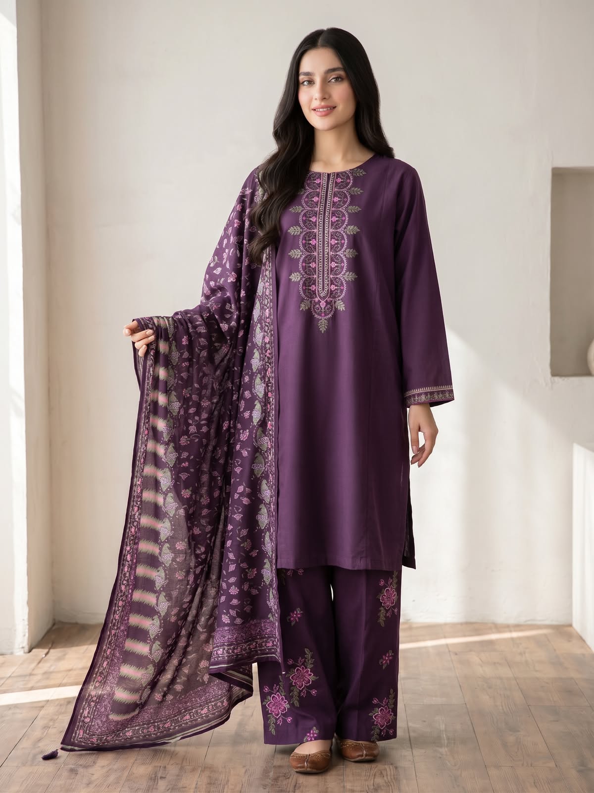 3-Piece Fully Embroidered Deep Purple Khaddar Suit with Printed Wool Shawl