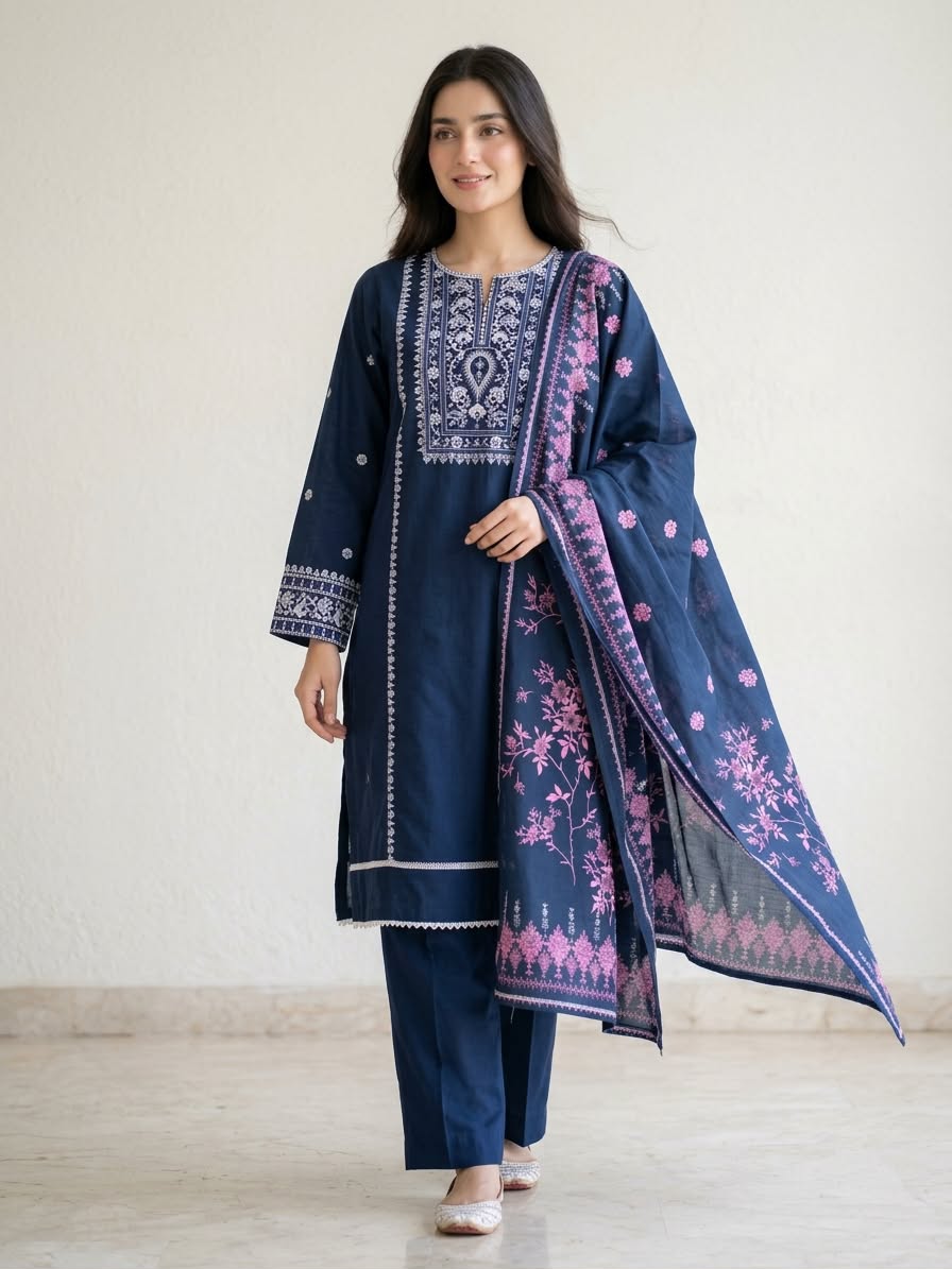 3-Piece Fully Embroidered Navy Blue Khaddar Suit with Printed Wool Shawl