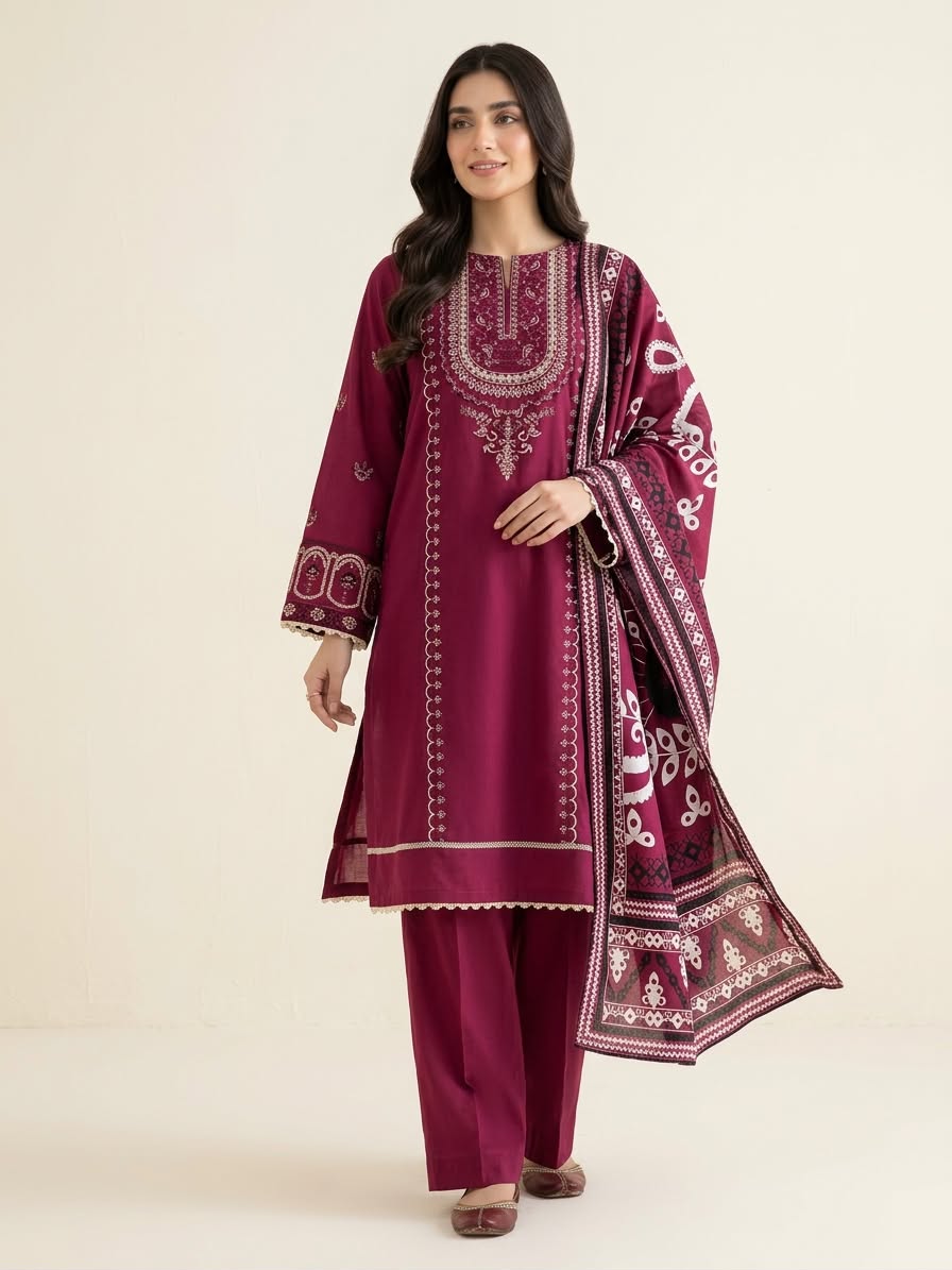 3-Piece Fully Embroidered Plum Maroon Khaddar Suit with Printed Wool Shawl