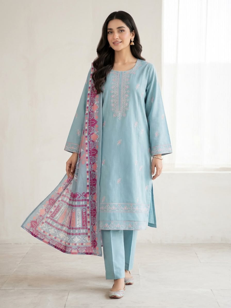 3-Piece Fully Embroidered Ice Blue Khaddar Suit with Printed Wool Shawl
