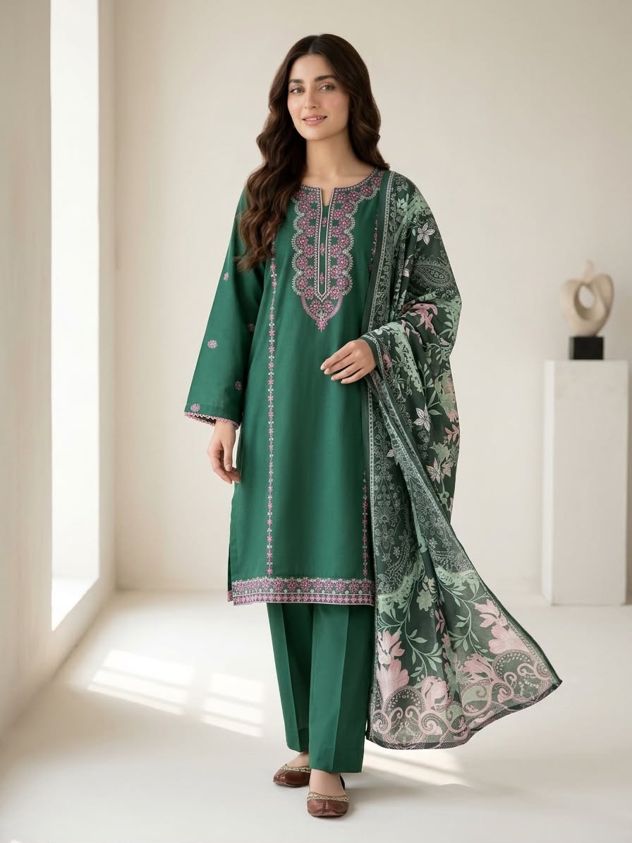 3-Piece Fully Embroidered Forest Green Khaddar Suit with Printed Wool Shawl