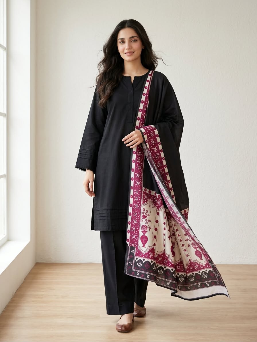 3-Piece Solid Black Khaddar Suit & Printed Wool Shawl