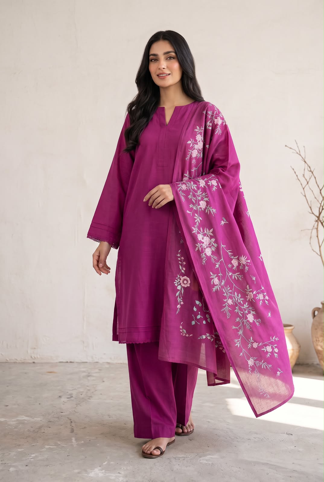 3-Piece Solid Magenta Purple Khaddar Suit & Printed Wool Shawl