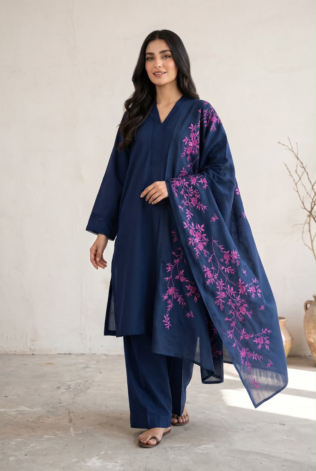 3-Piece Solid Navy Blue Khaddar Suit with Delicate Lace Trims & Printed Wool Shawl