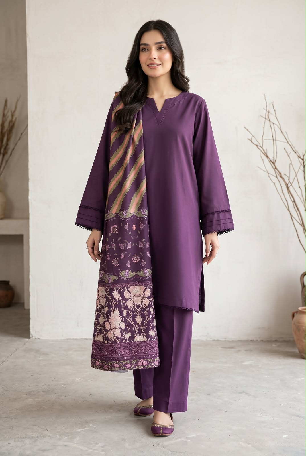 3-Piece Solid Deep Purple Khaddar Suit with Pin-tex Details & Printed Wool Shawl