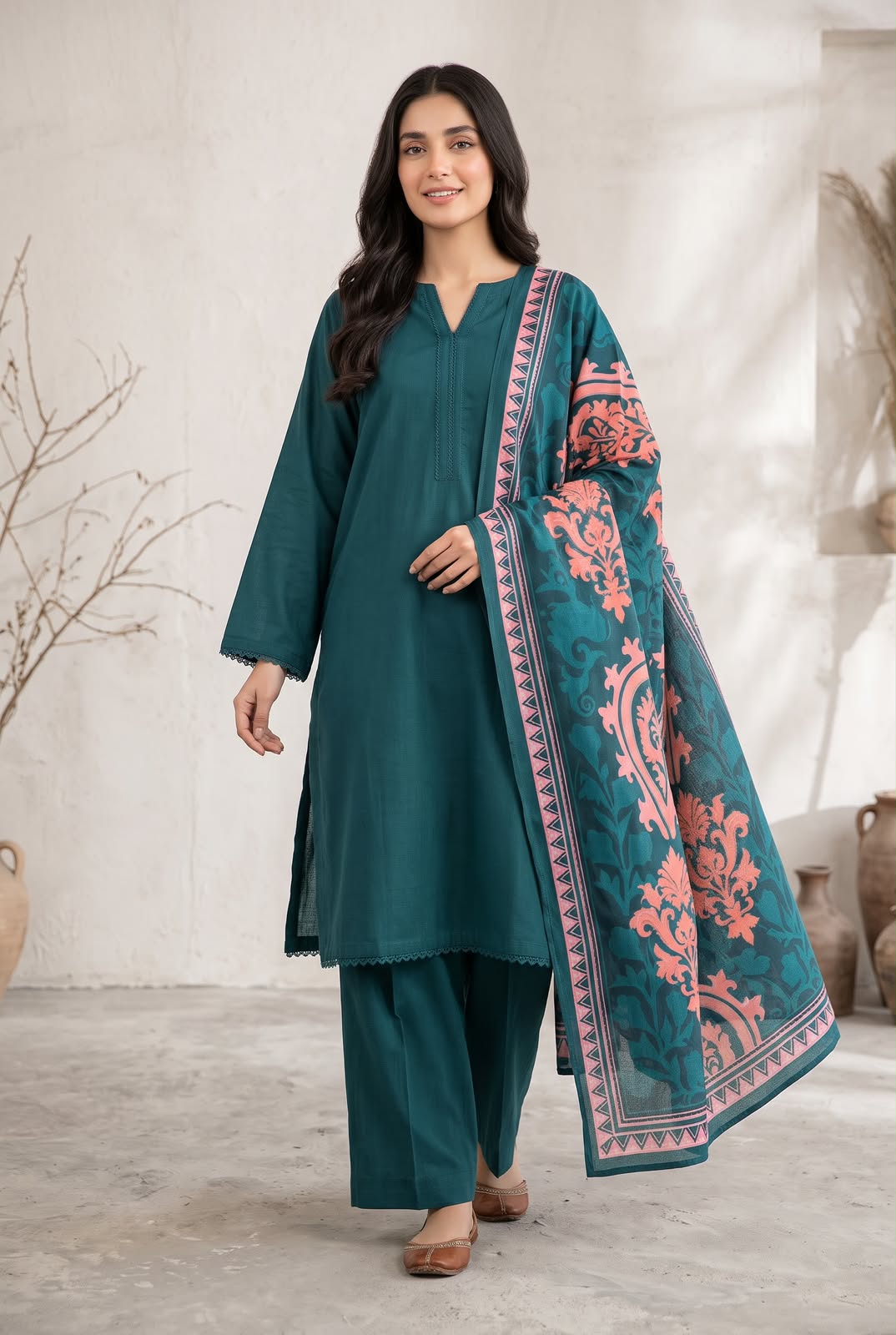 3-Piece Solid Teal Blue Khaddar Suit with Delicate Lace Trims & Printed Wool Shawl