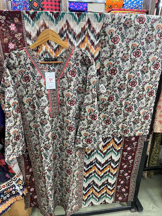 Bin Saeed Olive & Rust Floral Lawn 3-Piece Suit Traditional Ikat Fusion