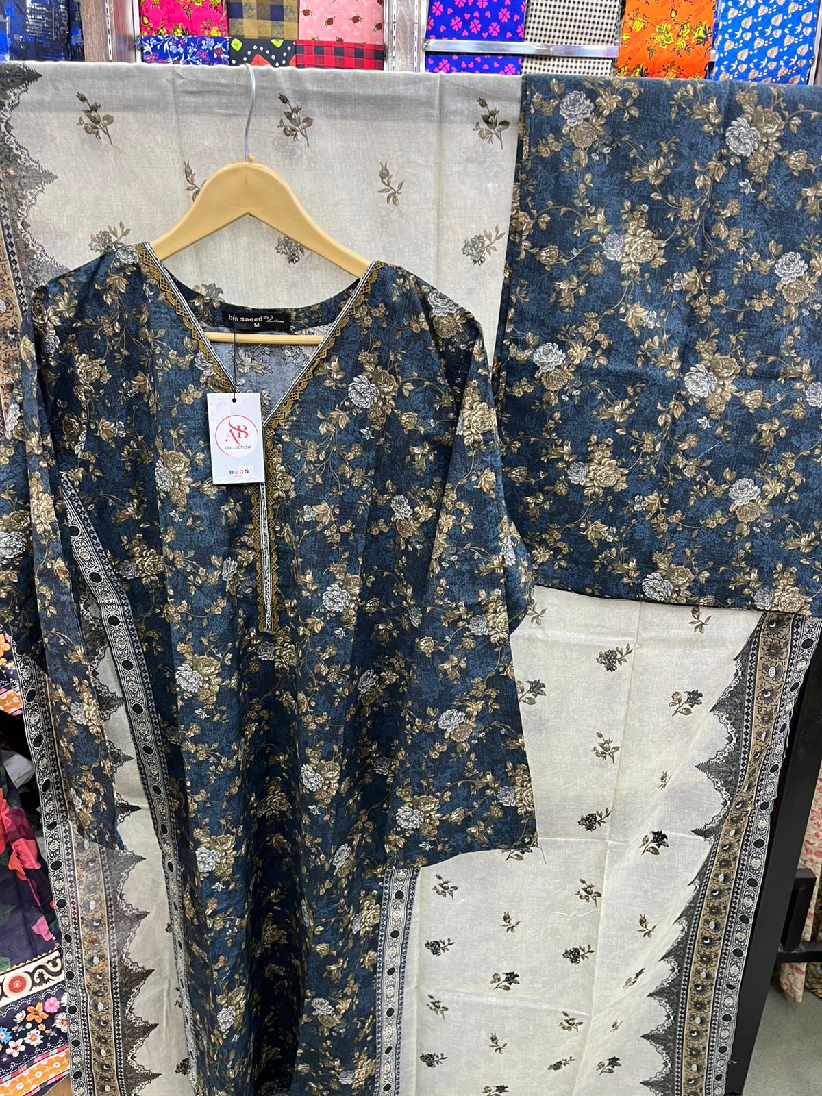 Bin Saeed Charcoal & Gold Floral Lawn 3 Piece Vintage Botanical Design