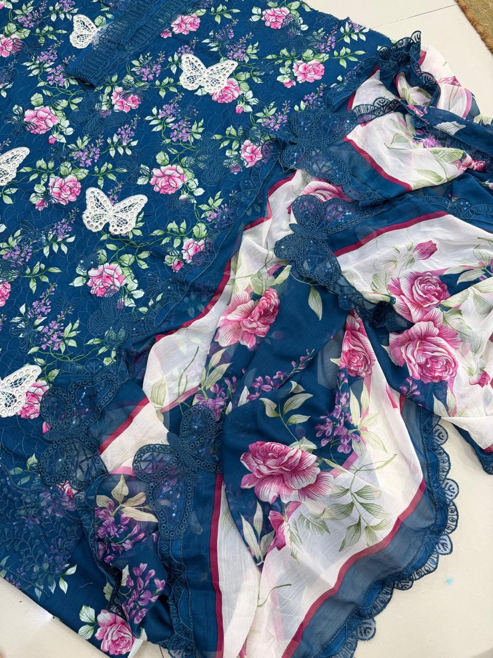 Royal Blue Floral Embroidered 3-Piece Unstitched Lawn Suit  Sequins Chikankari Shirt, Butterfly Applique & Chiffon Dupatta