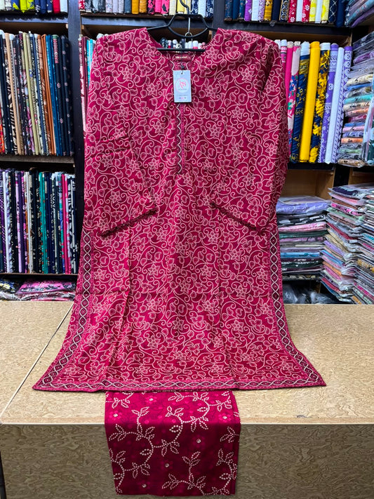 Women's Maroon Printed Lawn 2 Piece Suit Intricate Floral Jaal Kurti & Matching Trouser Set