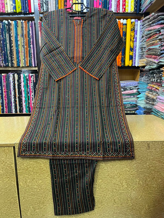 Classic Black Striped Printed Lawn 2-Piece Suit