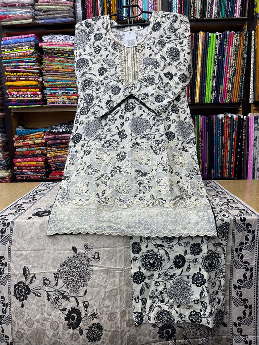 Monochrome 3-Piece Lawn Suit with Laser-Cut Chikankari