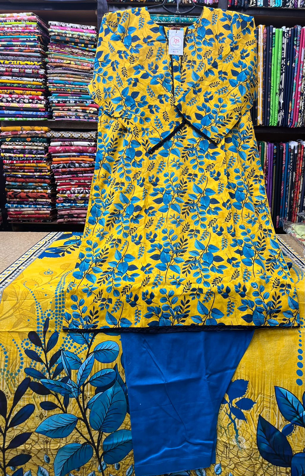 Vibrant 3-Piece Foliage Printed Lawn Suit (Mustard Yellow & Blue)