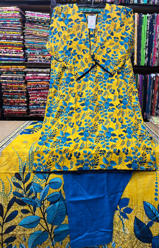 Vibrant 3-Piece Foliage Printed Lawn Suit (Mustard Yellow & Blue)
